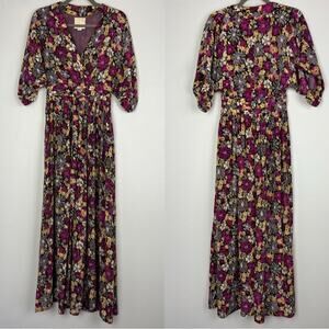 Aryn K. | Floral Max Dress Pink Mauve Flowy Wrap Modest V Neck Short Sleeve S
